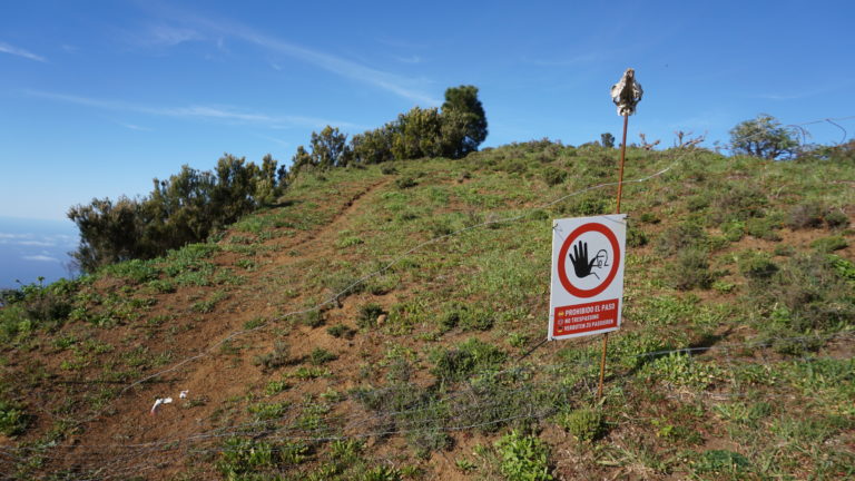 Nach dem Observatorium endet der Weg an der Gratkante. Ein Wegweiser leitet zum Wanderweg auf der anderen Seite der Straße.