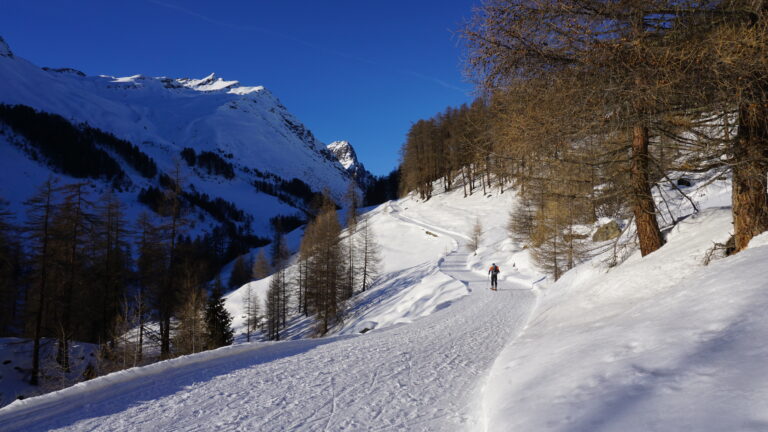 Über den präparierten Winterweg geht es von Guarda hinein in's Val Tuoi...