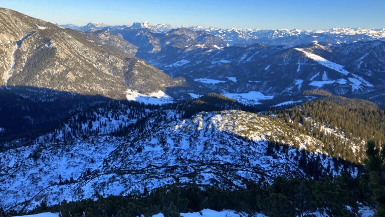 Die Latschen sind bei geringer Schneebedeckung für Skitourengeher hinderlich, den Schneeschuhgänger störts dagegen nicht.