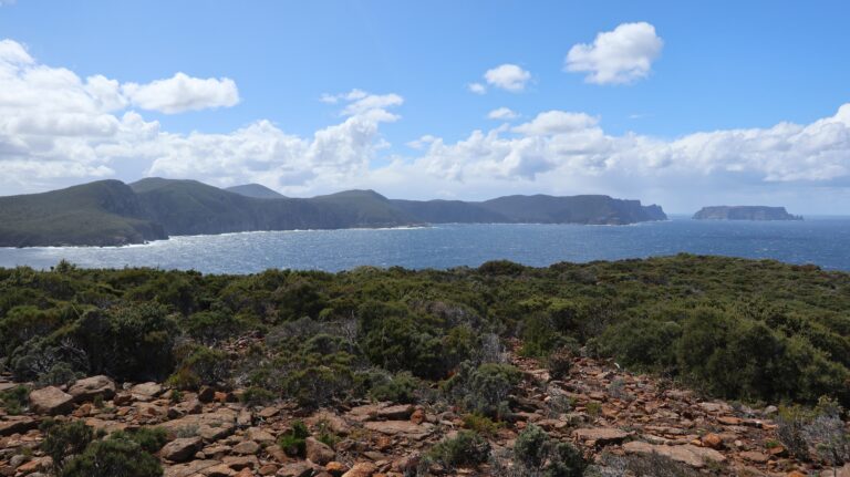 Blick zum Cape Pillar und dem vorgelagerten Tasman Island