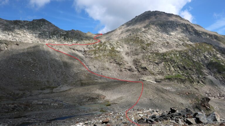 Route über das Gletschervorfeld des Glatscher dil Lai Blau zum Lai Verd und der Fuorcla Gannaretsch