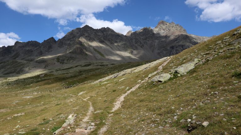 Pfad beim Teich am Passo di Verva. Der rechte führt zum Lago di Maurignino.